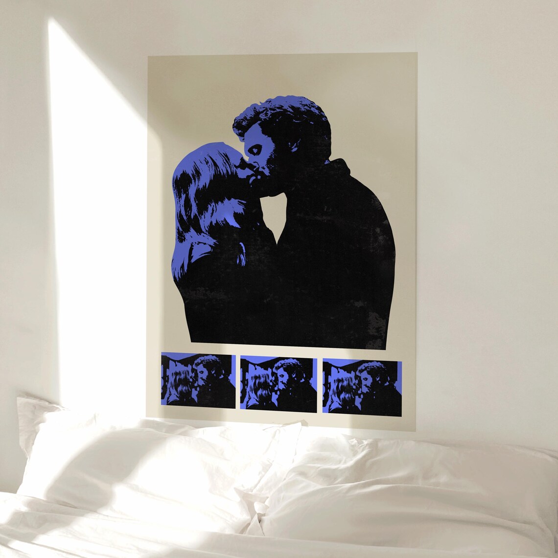 Blue Black Kiss Silhouette Couple Retro Movie Style Art Poster - Image 3