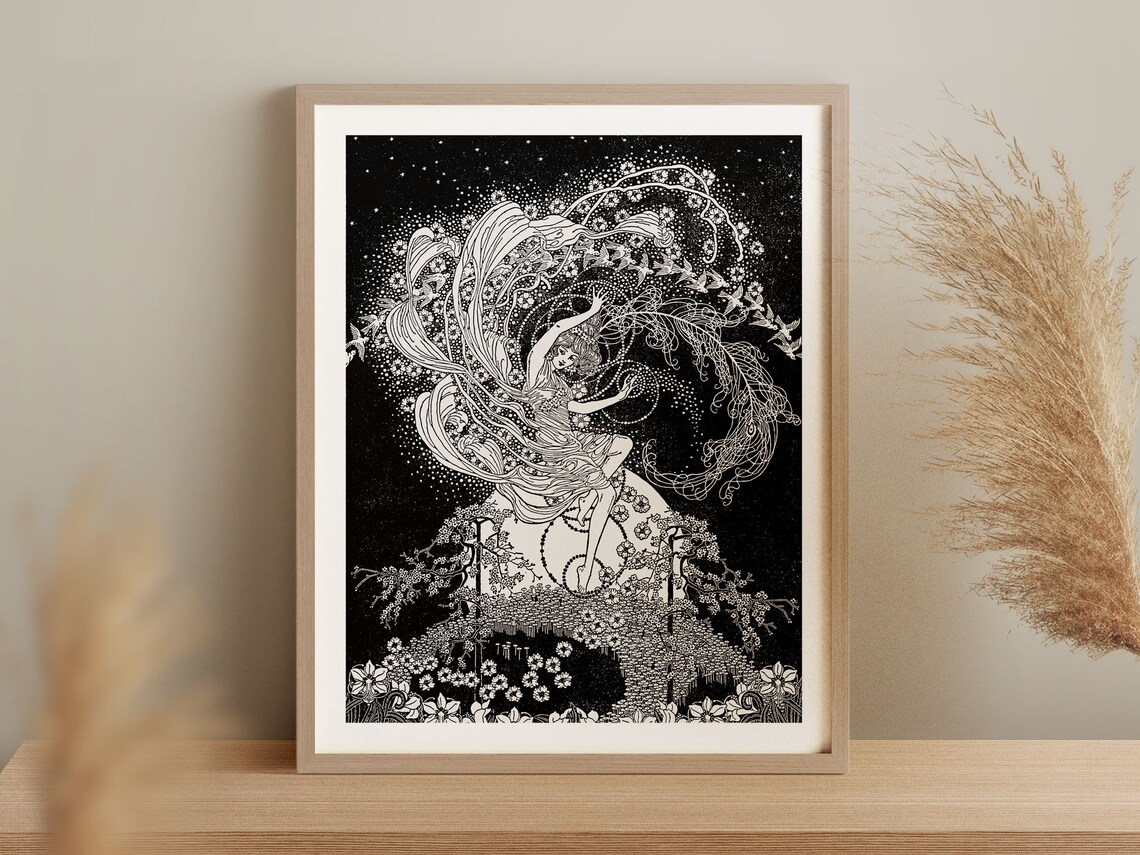 Dancing Woman With a Swirling Veil Black White Art Nouveau Poster - Image 2