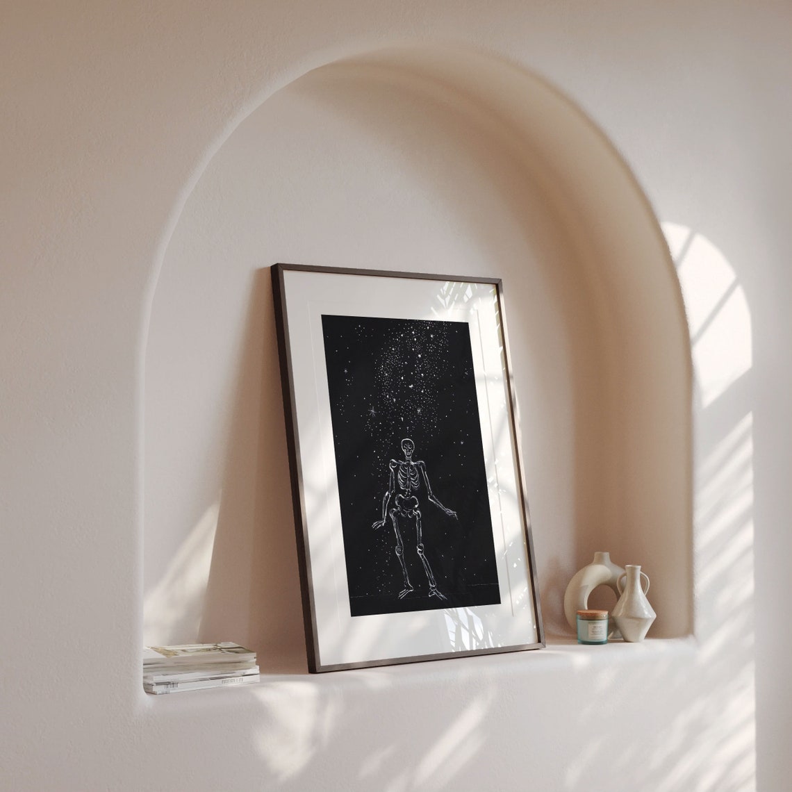 Lonely Skeleton Under a Starry Night Sky White on Black Poster - Image 2