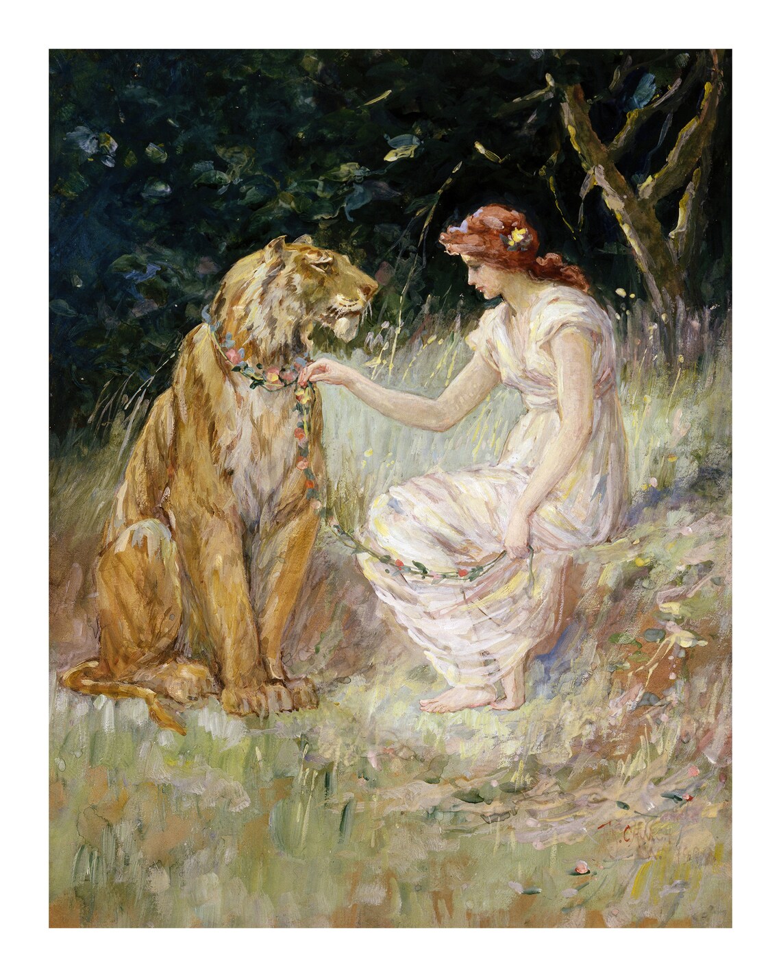 Vintage Woman With Tiger, Retro Floral Art Print - Image 2