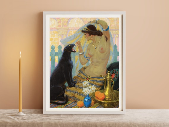 Oriental Woman Taming a Black Panther Vintage Art Nouveau Poster