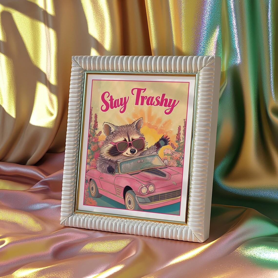 Stay Trashy Raccoon Retro Art Print, Cute Pink Decor