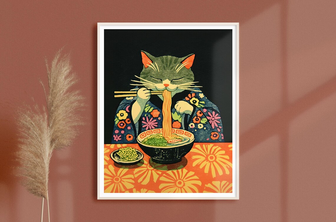 Retro Woodblock Cat Eating Ramen Cute Art Print