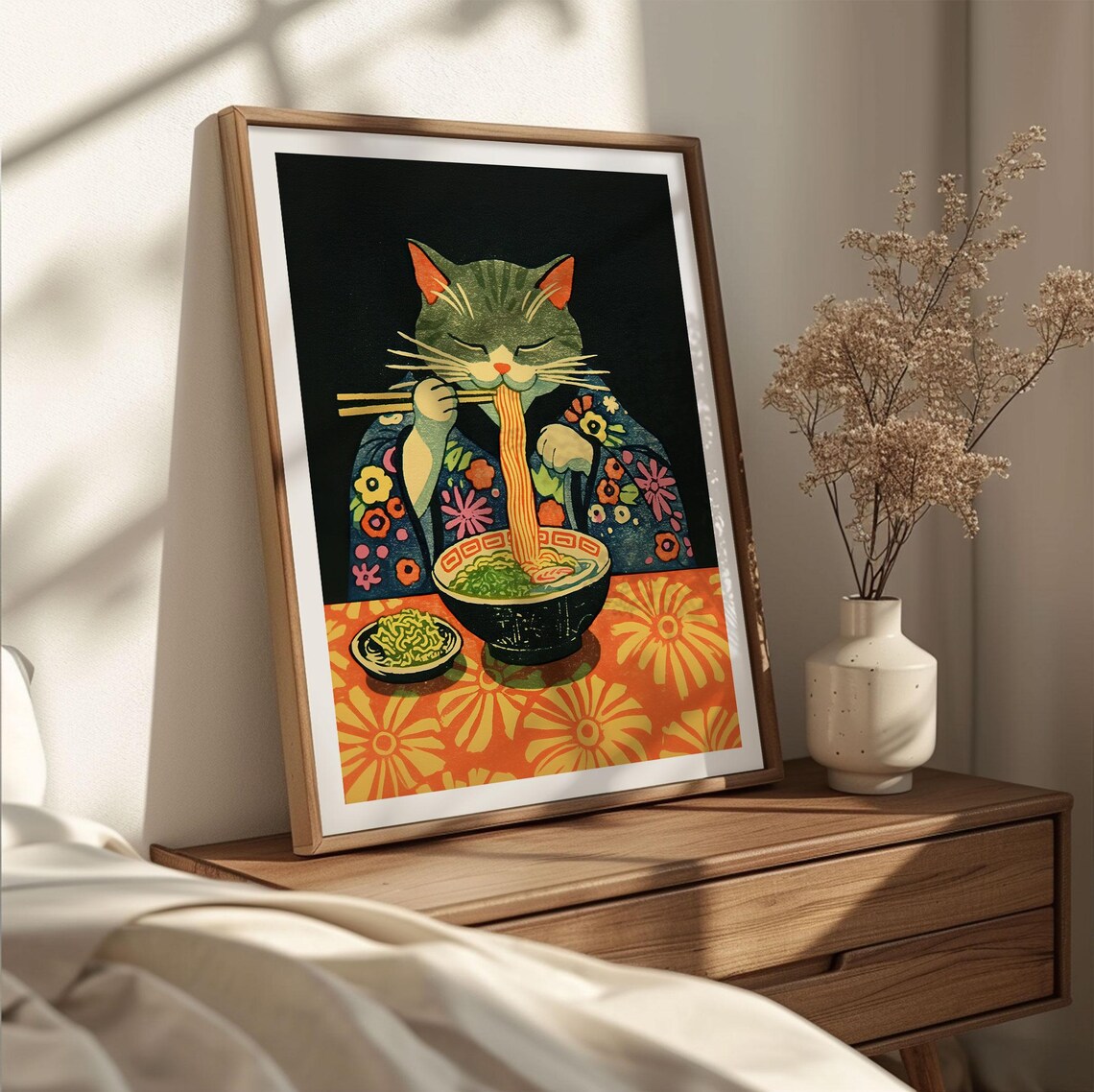 Retro Woodblock Cat Eating Ramen Cute Art Print - Image 3