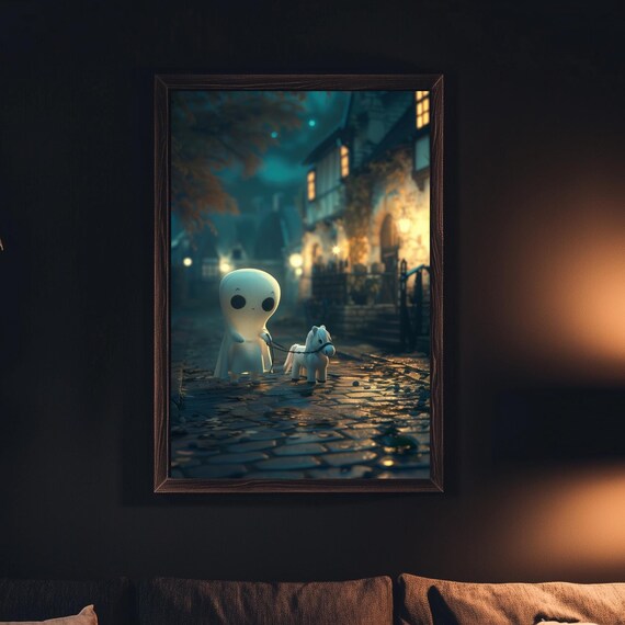 Cute Ghost Walking Pony Night Street Whimsical Kawaii Halloween Poster