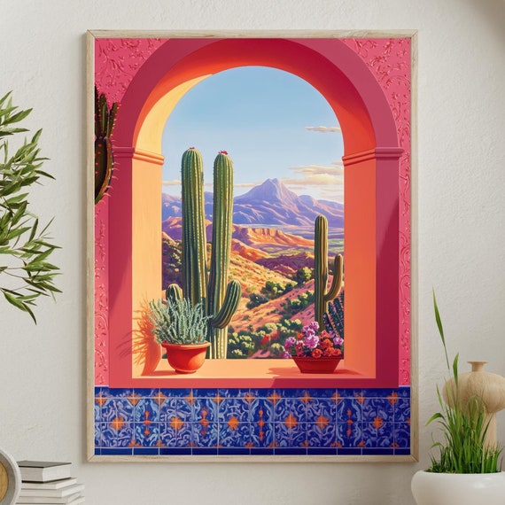 Mexican Desert Cactus Window Art Print Southwestern Boho Wall Art Colorful Decor Mexican Inspired Landscape Art