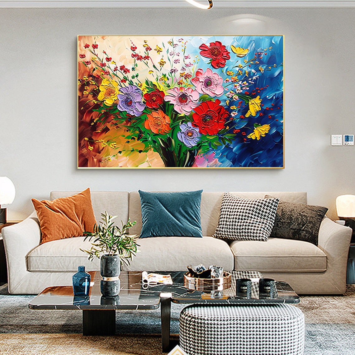 Colorful Mixed Flower Bouquet Impasto Painting on Blue Canvas Poster - Image 3