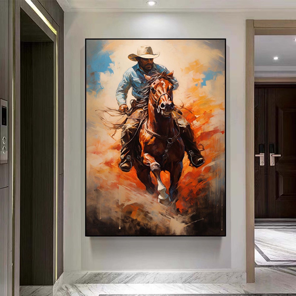 Cowboy Riding Horse Painting Western Wall Art Mid Century Wall Decor Western Cowboy Painting Vintage Oil Painting Rustic Wall Art Cowboy Art - Image 4