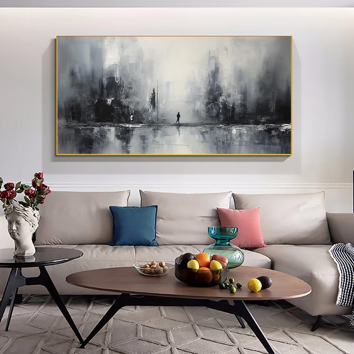 Monochrome Misty City Skyline With Lone Figure Oil Painting Poster - Image 2