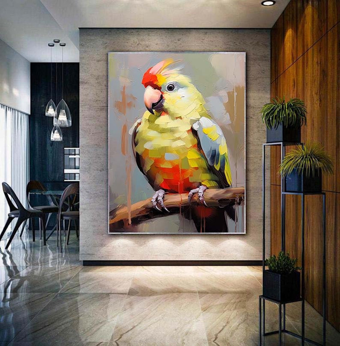Yellow Green Parrot Portrait Perched On Branch Impasto Poster - Image 3