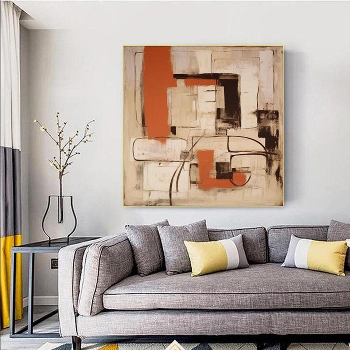 Tan Burnt Orange Geometric Line Abstract Modern Painting Poster - Image 3