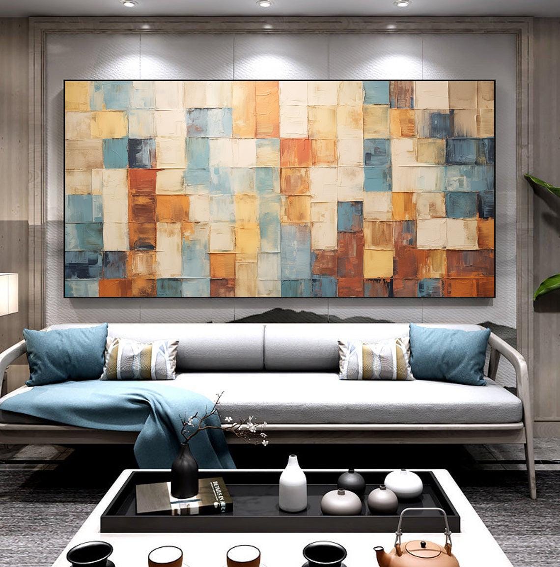 Warm Mosaic Block Grid Rust Blue Cream Horizontal Painting Poster - Image 6