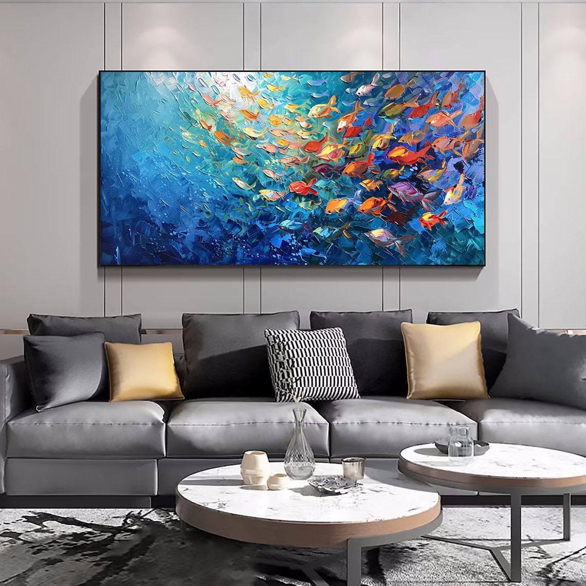School of Colorful Fish Deep Blue Ocean Impasto Textured Wall Poster - Image 4