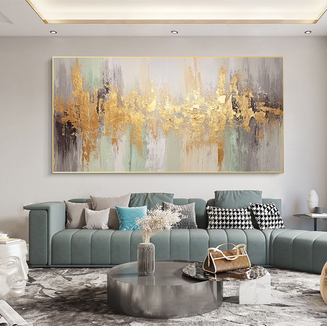 Gold Leaf Streaks Grey Green Abstract Elegant Painting Poster - Image 6