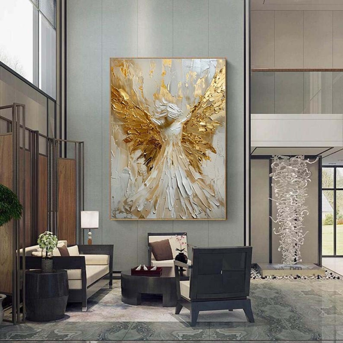 Gold Leaf Angel Wings Oil Painting Art Print - Image 5
