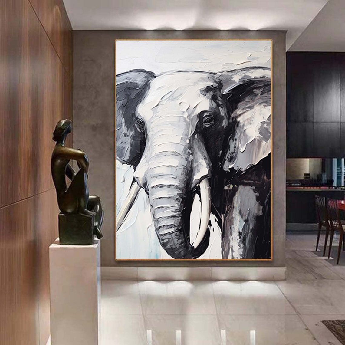 Black And White Elephant Portrait Impasto Animal Oil Painting Poster - Image 7