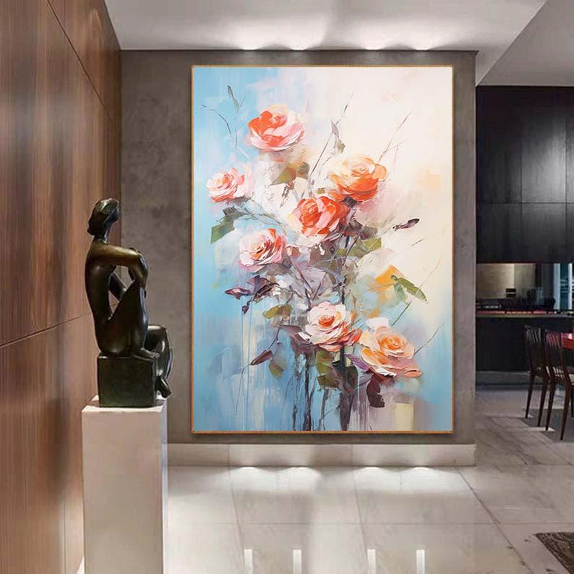 Coral Pink Roses Soft Blue Floral Impasto Painting Wall Poster - Image 7