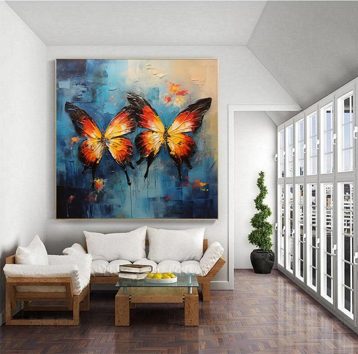 Orange Black Butterflies Blue Background Impasto Pair Art Poster - Image 4