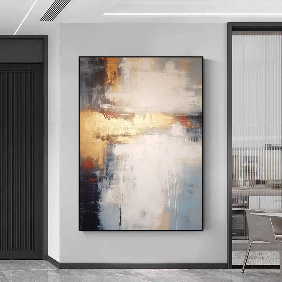 Gold White Slate Blue Textured Abstract Vertical Gallery Wall Poster - Image 7