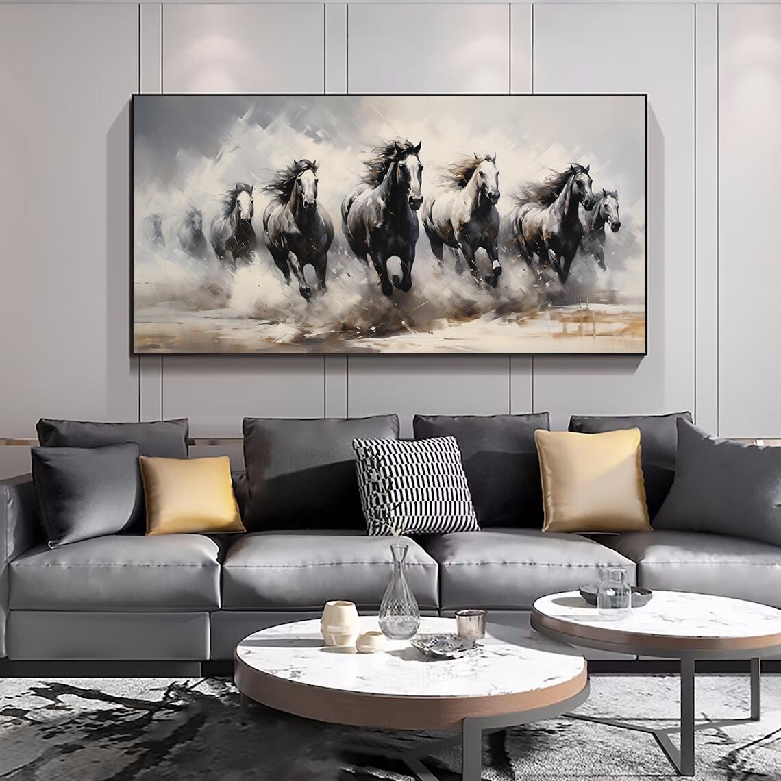 Wild Horses Running Through Mist Monochrome Herd Painting Poster - Image 4