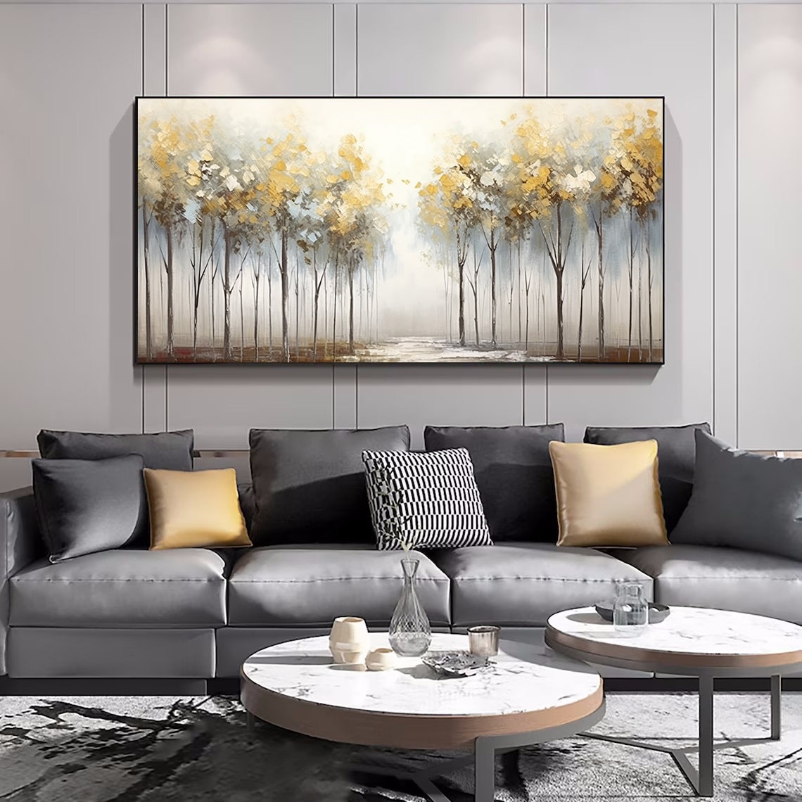 Golden Misty Forest Trees Landscape Oil Painting Serene Poster - Image 4