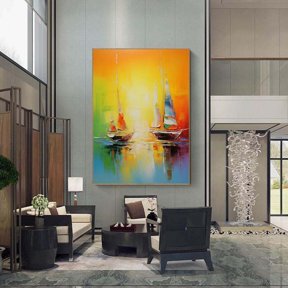 Two Colorful Sailboats Gliding Across A Vibrant Sunset Sea Poster - Image 5