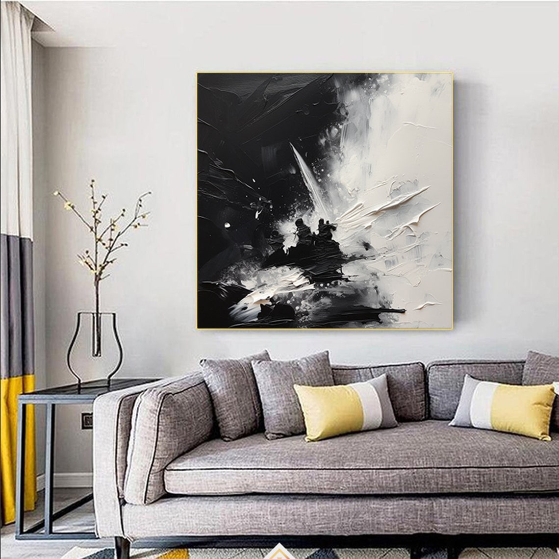 Dramatic Black White Impasto Texture Square Burst Art Poster - Image 4