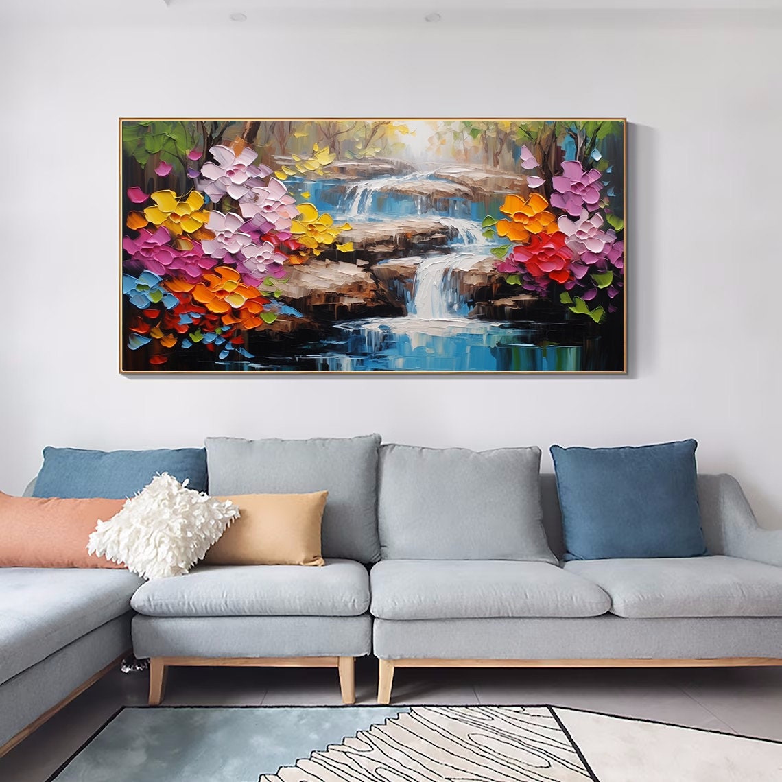 Rainbow Floral Waterfall Cascade Impasto Landscape Living Room Poster - Image 5