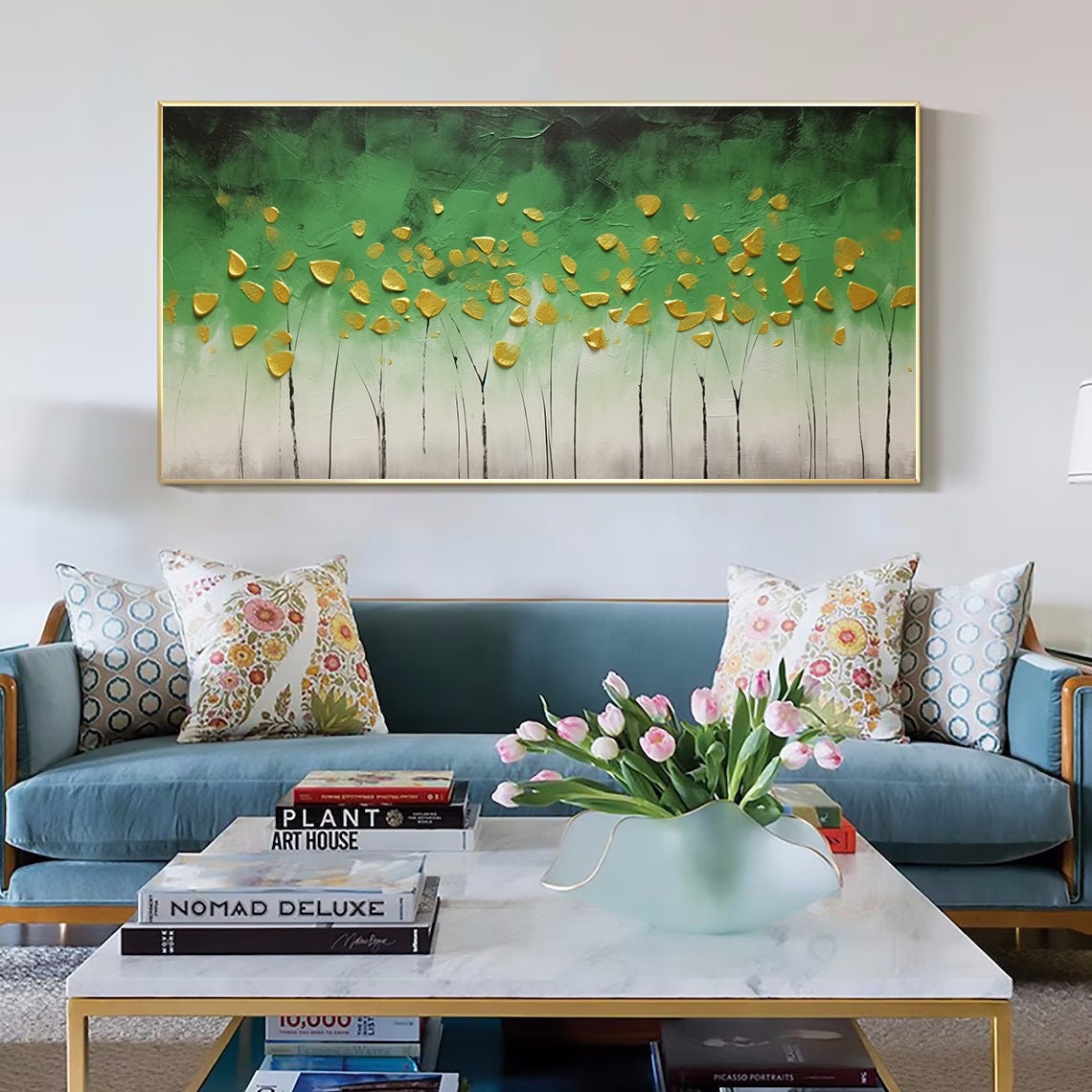 Green Forest Gold Leaf Dots Wide Abstract Nature Tree Line Poster - Image 3