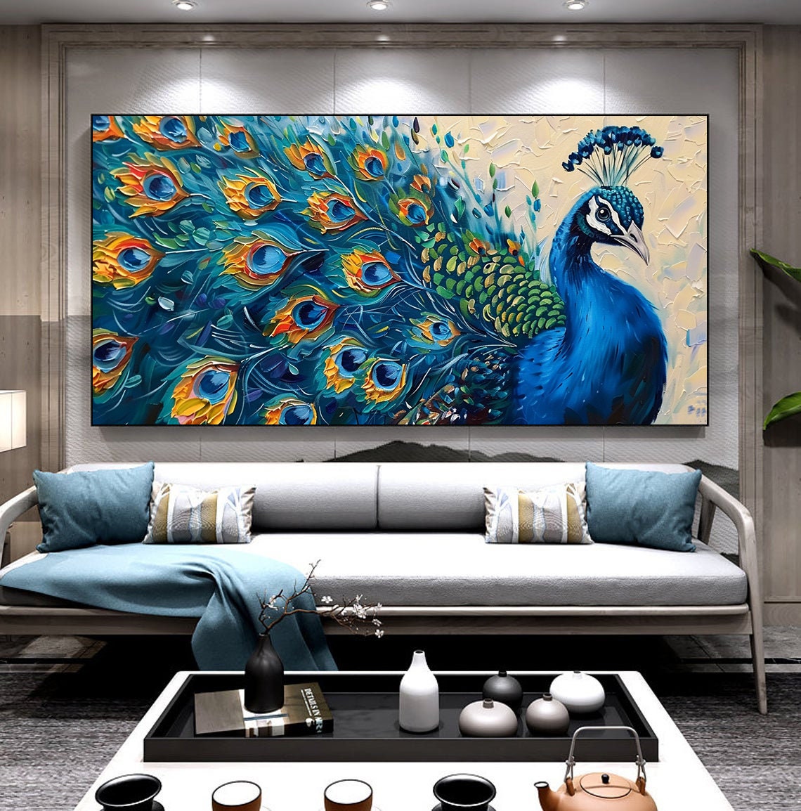 Vibrant Blue Peacock With Fanned Tail Impasto Oil Painting Poster - Image 2