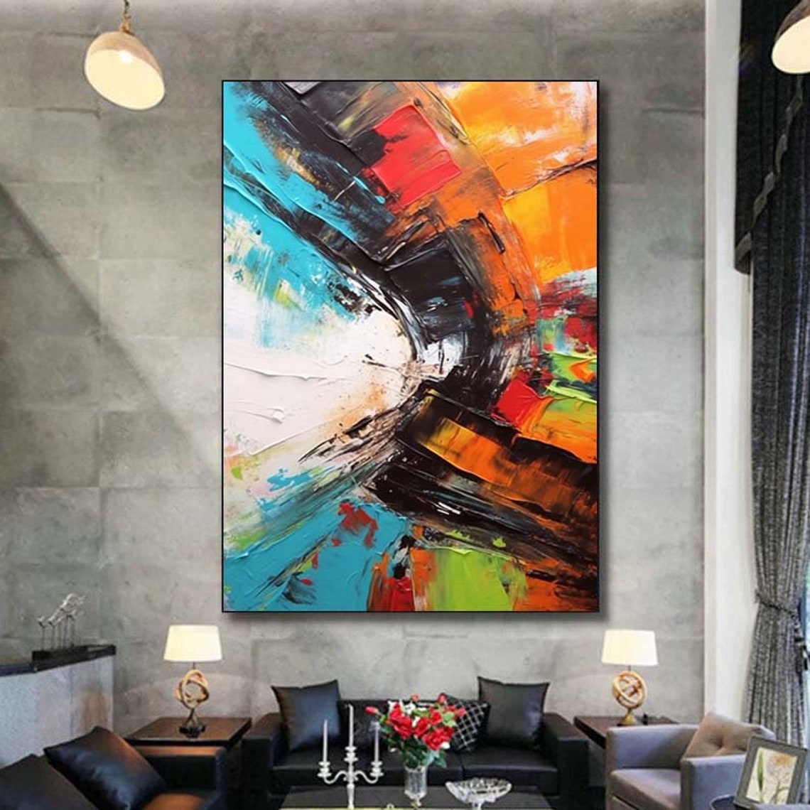 Bold Color Arc Turquoise Orange Black Impasto Curve Art Poster - Image 7