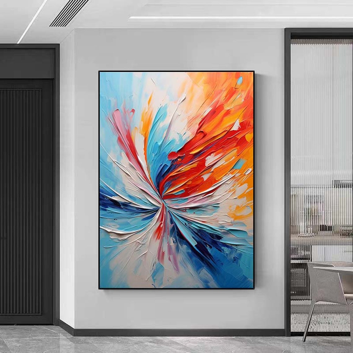 Fiery Red Blue Radial Fan Abstract Burst Impasto Wall Poster - Image 6