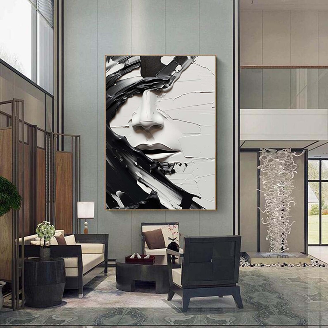 Abstract Black and White Face Oil Painting, Wall Art Print - Image 2