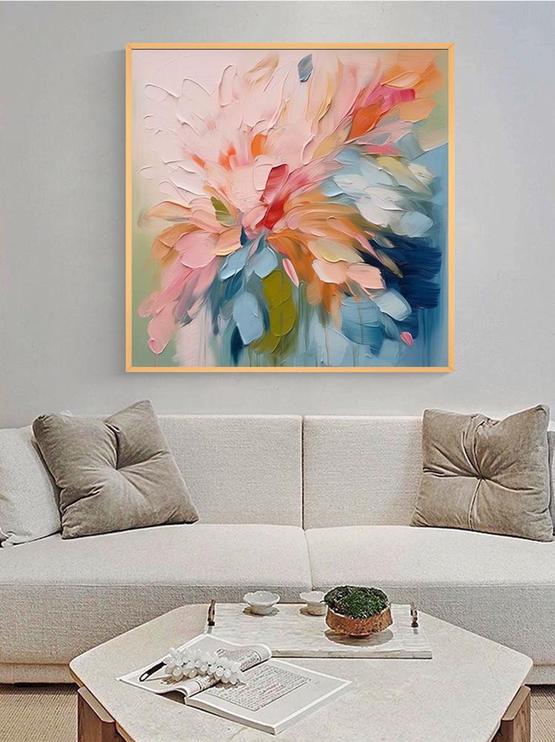 Blush Pink Teal Abstract Bloom Impasto Floral Petal Art Poster - Image 5