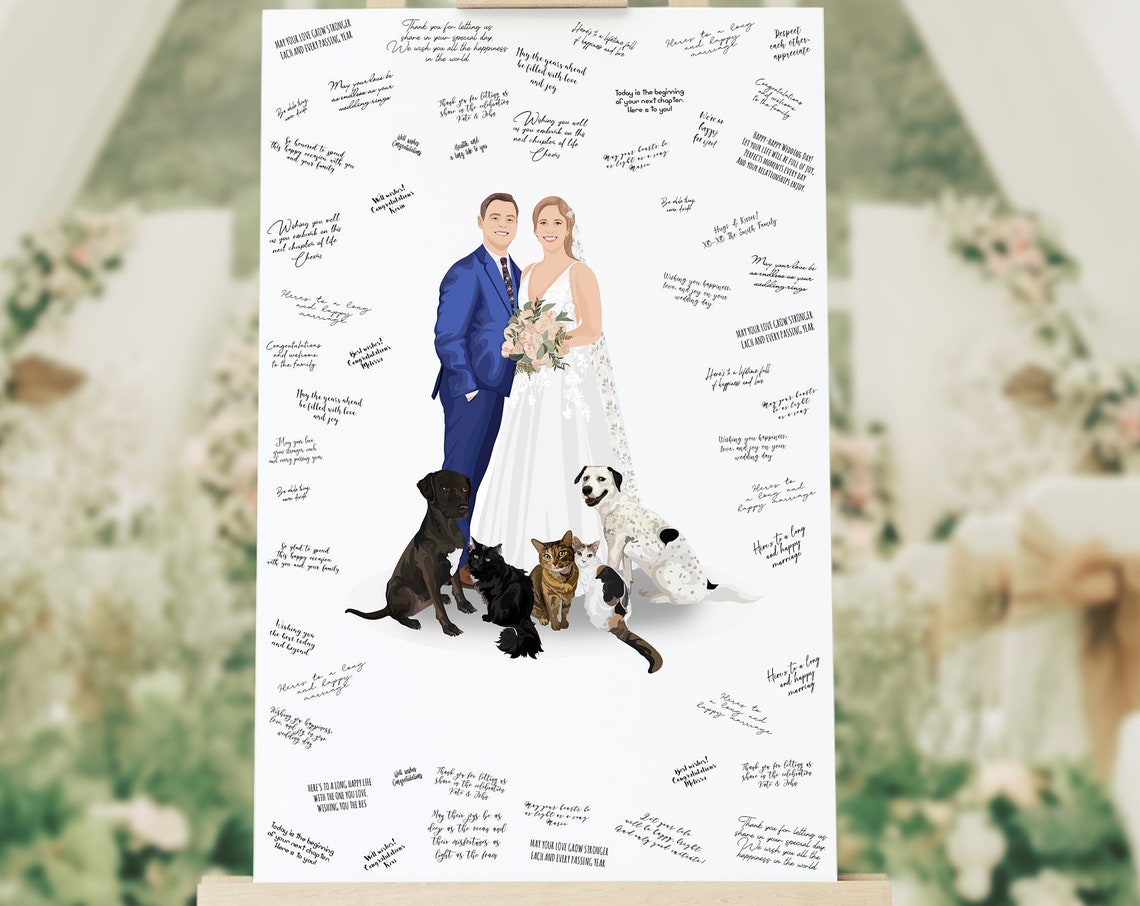 Personalized Wedding Couple Portrait With Five Pets Art Poster - Image 5