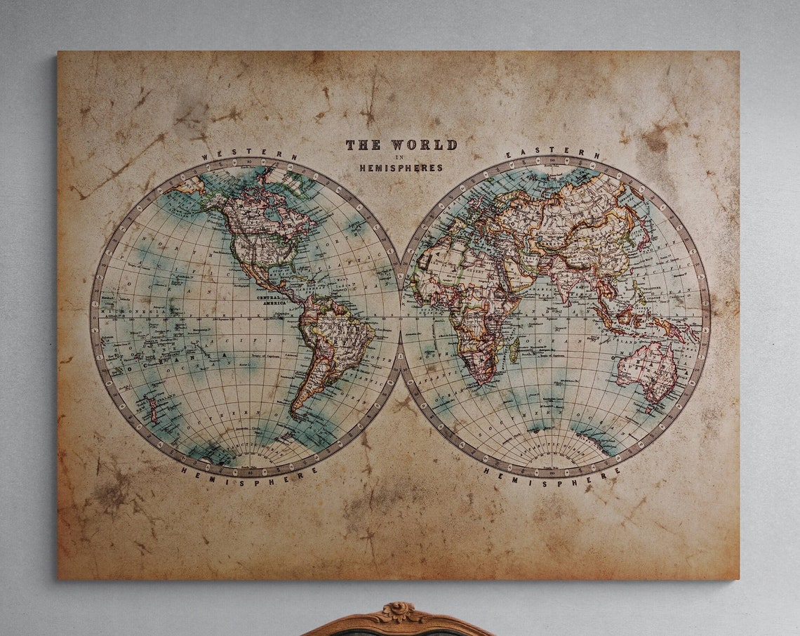 Vintage World Map Double Hemisphere Parchment Cartography Wall Poster - Image 3