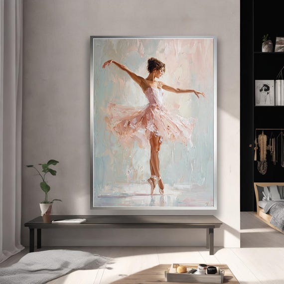 Peach Ballerina Oil Painting Elegant Pastel Dance Wall Art For Modern Interiors