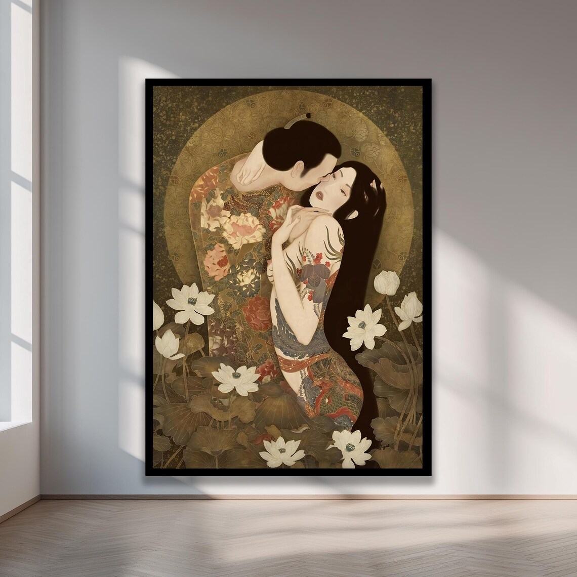 Lovers Embrace Lotus Pond Klimt Inspired Gold Japanese Style Romantic Poster