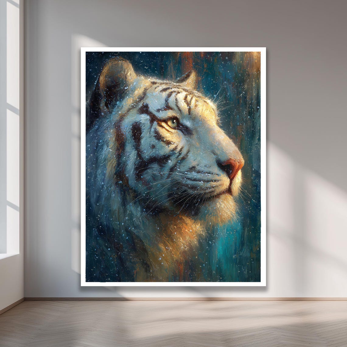 White Tiger in Snowfall Profile Portrait Dramatic Wildlife Poster