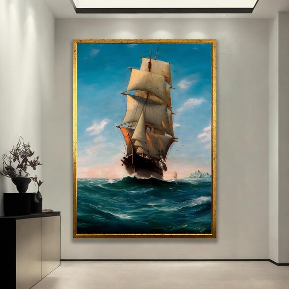 Vintage Tall Ship Sailing On Ocean Waves Nautical Art Poster