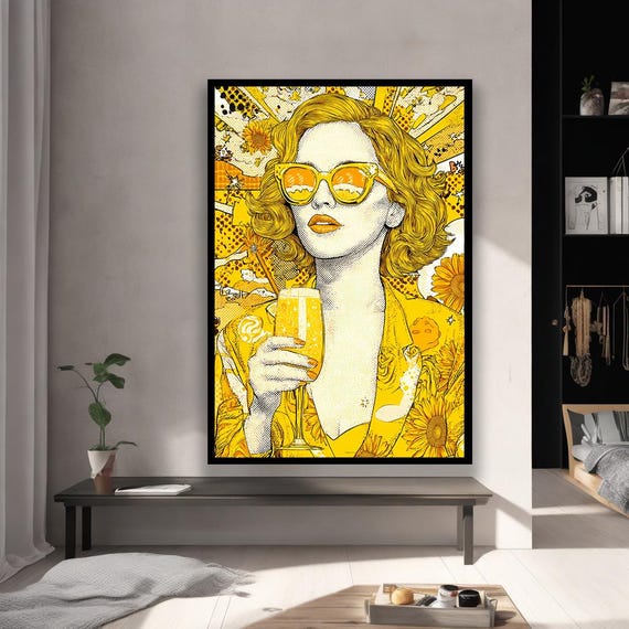 Retro Pop Art Woman Canvas Yellow Wall For Living Room Decor