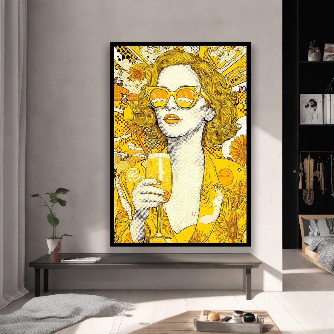 Retro Pop Art Woman Yellow Sunglasses Champagne Summer Poster Art
