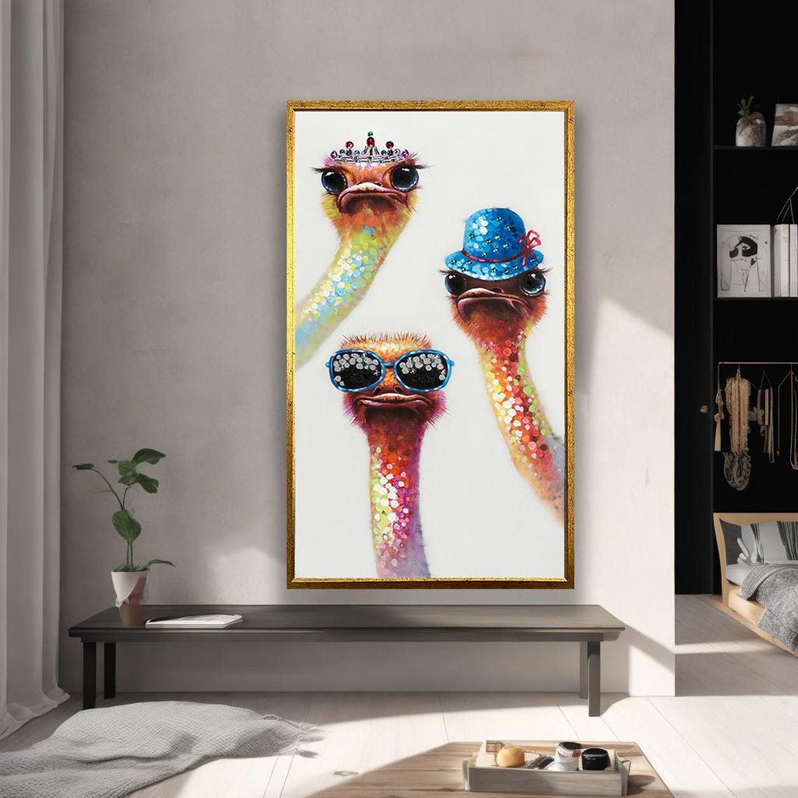 Three Colorful Ostriches with Hats Funny Bird Portrait Art Print