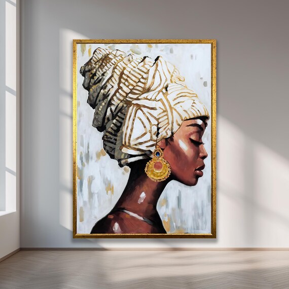 African Woman Patterned Headwrap Gold Earring Profile Portrait Poster