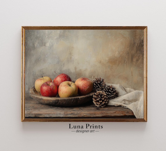 Apples and Pinecones in Wooden Bowl Rustic Still Life Wall Art