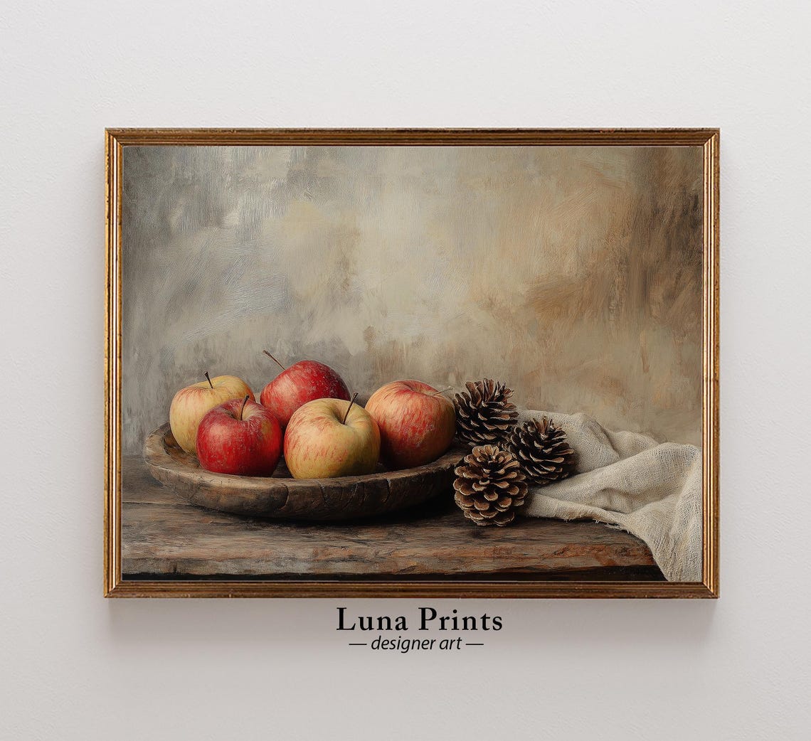 Apples and Pinecones in Wooden Bowl Rustic Still Life Wall Art