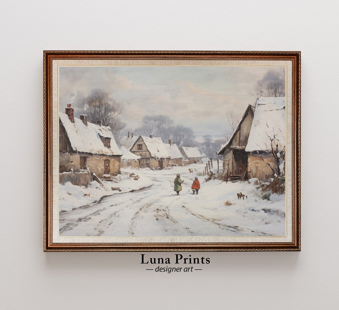 Winter Village Street Vintage Snowy Cottage Lane Figures Dogs Poster