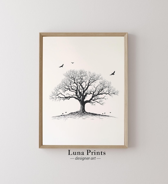 Bare Oak Tree with Flying Birds Minimalist Ink Drawing Wall Art