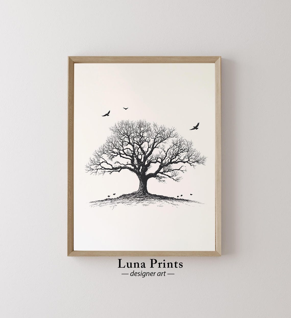 Bare Oak Tree with Flying Birds Minimalist Ink Drawing Wall Art