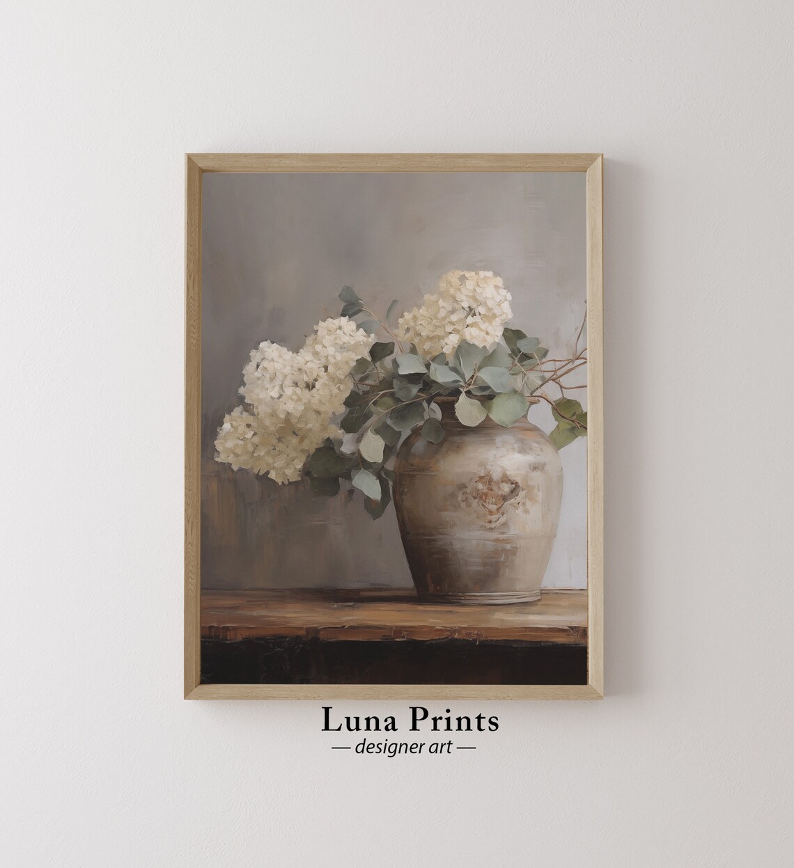 Hydrangeas in Aged Vessel, Muted Floral Art Print